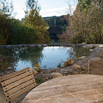 Gartentisch und -stühle beim Weiher